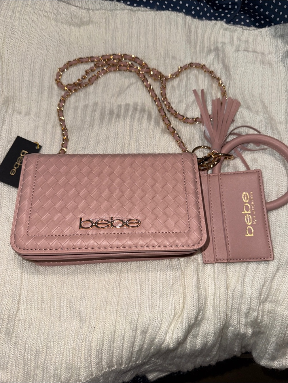 bebe Pink Woven Crossbody Wallet with Tassel and Chain